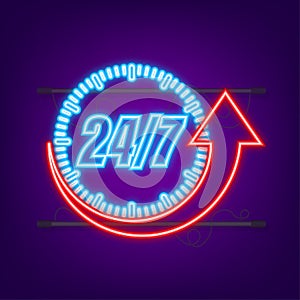 24-7 service concept. 24-7 open. Neon icon. Support service icon. Vector stock illustration