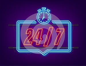 24-7 service concept. 24-7 open. Neon icon. Support service icon. Vector stock illustration