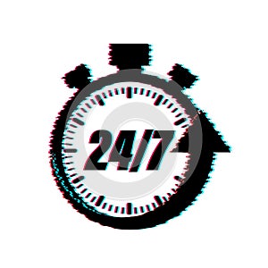 24-7 service concept. 24-7 open. Support service glitch icon. Vector stock illustration.