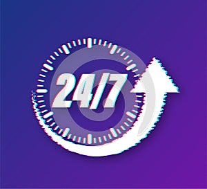 24-7 service concept. 24-7 open. Support service glitch icon. Vector stock illustration.