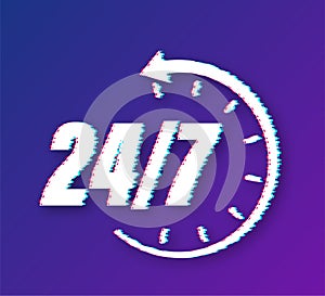 24-7 service concept. 24-7 open. Support service glitch icon. Vector stock illustration.