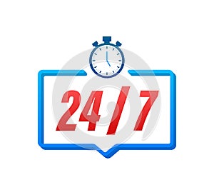 24-7 service concept. 24-7 open. Support service icon. Vector stock illustration.