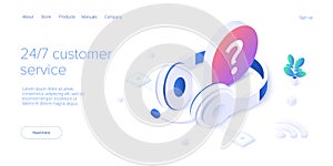 24/7 service concept or call center in isometric vector illustration. 24 7 round the clock or nonstop customer support background