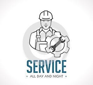 24/7 service concept - worker with gears and tools - user manual or instruction symbol