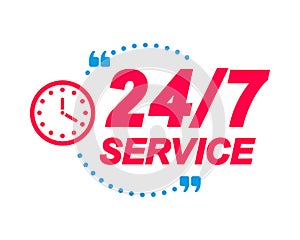 24 7 Service labels. Speech bubbles with clock icon. Advertising and marketing sticker.