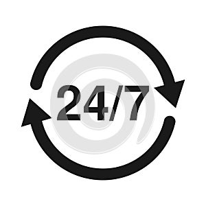 24 7 Service open 24h hours a day and 7 days a week. Flat isolated illustration in black.