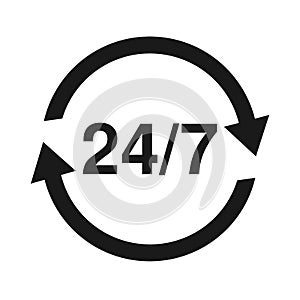 24 7 Service open 24h hours a day and 7 days a week. Flat isolated vector illustration in black.