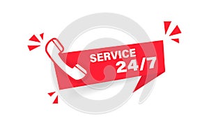 24 7 Service red label. Web banner. Phone icon. Vector on isolated white background. EPS 10