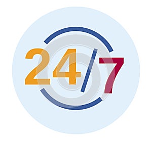 24 7 services concept with clock symbol representing round-the-clock availability. Simplified number design, customer