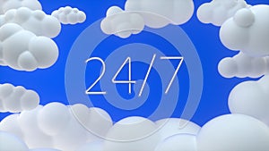 24/7 sign. 24 hours seven days a week. Concept of round-the-clock work or support. Working day schedule, mode. White minimalistic