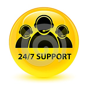 24/7 Support (customer care team icon) glassy yellow round button