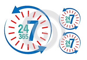 24-7 timing abstract. 24-7-365 vector icon with clock symbol.