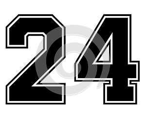 24 Classic Vintage Sport Jersey Number in black number on white background for american football, baseball or basketball