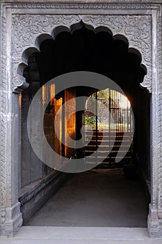 24 Feb 2024, Exterior View of the scenic tourist place Maheshwar fort or Ahilya fort in Madhaya pradesh in India. this monument on