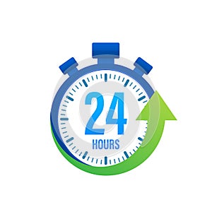 24 hour on blue clock. Online delivery service concept. Service center symbol. Watch, time icon. Vector stock