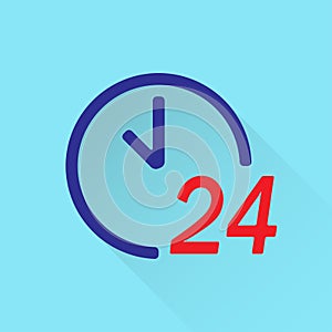 24 hour clock icon. 24 hours a day or round the clock symbol in flat style. Vector illustration