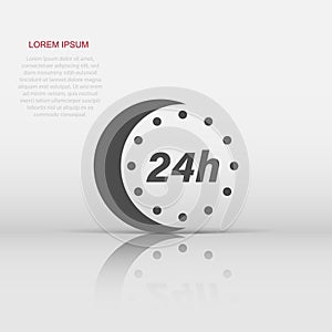 24 hour clock icon in flat style. Timer countdown vector illustration on isolated background. Time measure sign business concept