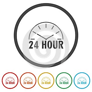 24 hour clock service icon. Set icons in color circle buttons