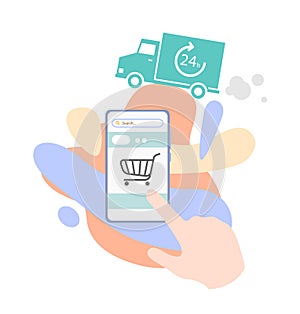 24 hour delivery service online shopping, flat illustration of shopping on online shop using mobile phone