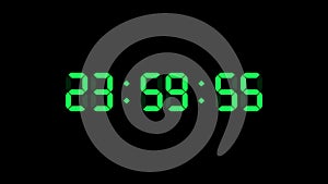 24 hour o`clock digital clock. Seconds count to twenty four. Numerical electronic green display screen