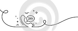 24 hour service line icon. Call support sign. Continuous line with curl. Vector