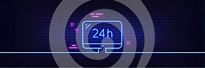 24 hour service line icon. Call support sign. Neon light glow effect. Vector