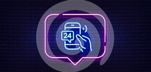 24 hour service line icon. Call support sign. Neon light speech bubble. Vector