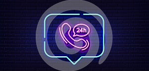 24 hour service line icon. Call support sign. Neon light speech bubble. Vector