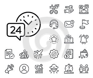 24 hour time service line icon. Call support sign. Salaryman, gender equality and alert bell. Vector
