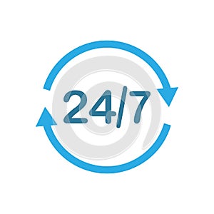 24 hours 7 days icon. Time clock icon vector illustration. Flat design.