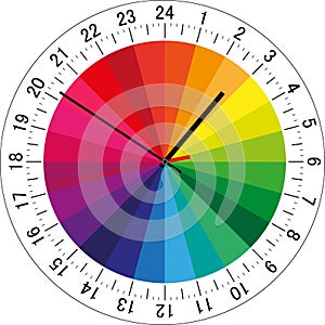 24 hours clock dial with color sectors for each hour for highlighting. Vector Illustration