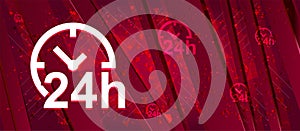 24 hours clock icon Abstract design bright red banner background