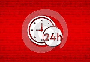 24 hours clock icon abstract digital screen red background illustration