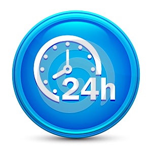 24 hours clock icon glass shiny blue round button isolated design vector illustration