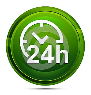 24 hours clock icon glassy green round button illustration
