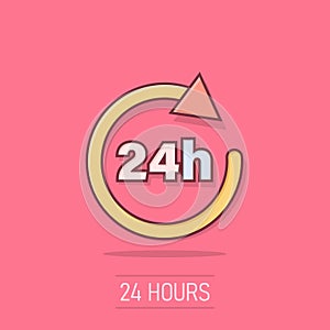 24 hours clock sign icon in comic style. Twenty four hour open vector cartoon illustration on isolated background. Timetable