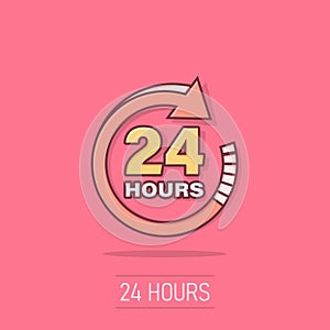 24 hours clock sign icon in comic style. Twenty four hour open vector cartoon illustration on isolated background. Timetable