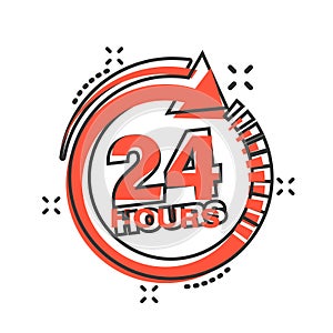 24 hours clock sign icon in comic style. Twenty four hour open vector cartoon illustration on white isolated background. Timetable