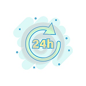 24 hours clock sign icon in comic style. Twenty four hour open vector cartoon illustration on white isolated background. Timetable