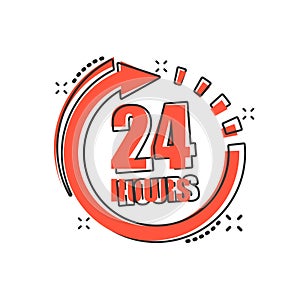 24 hours clock sign icon in comic style. Twenty four hour open vector cartoon illustration on white isolated background. Timetable