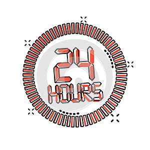 24 hours clock sign icon in comic style. Twenty four hour open vector cartoon illustration on white isolated background. Timetable