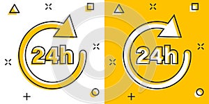 24 hours clock sign icon in comic style. Twenty four hour open vector cartoon illustration on white isolated background. Timetable