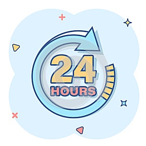 24 hours clock sign icon in comic style. Twenty four hour open vector cartoon illustration on white isolated background. Timetable