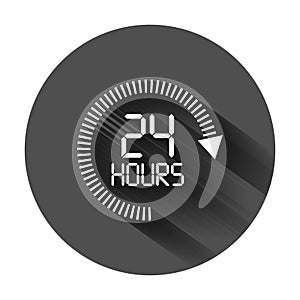 24 hours clock sign icon in flat style. Twenty four hour open vector illustration on black round background with long shadow.