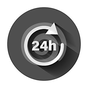 24 hours clock sign icon in flat style. Twenty four hour open vector illustration on black round background with long shadow.