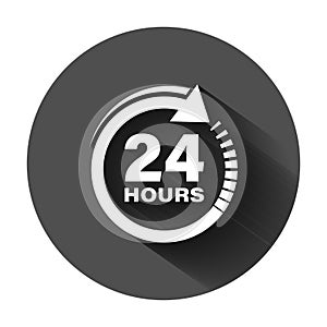 24 hours clock sign icon in flat style. Twenty four hour open vector illustration on black round background with long shadow.