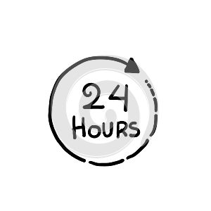 24 hours clock sign icon in hand drawn style. Twenty four hour open vector illustration.Timetable business concept. doodle