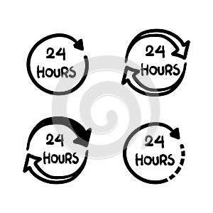 24 hours clock sign icon in hand drawn style. Twenty four hour open vector illustration.Timetable business concept. doodle