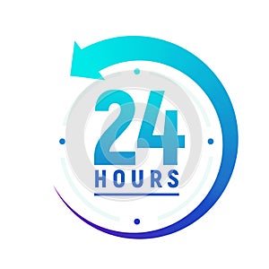 24 hours a day icon. Green clock icon around work. Service time support 24 hour per day