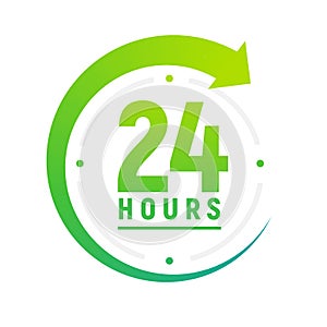 24 hours a day icon. Green clock icon around work. Service time support 24 hour per day